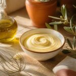 Mayonnaise sans moutarde maison onctueuse dans un bol en céramique