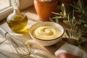 Mayonnaise sans moutarde maison onctueuse dans un bol en céramique