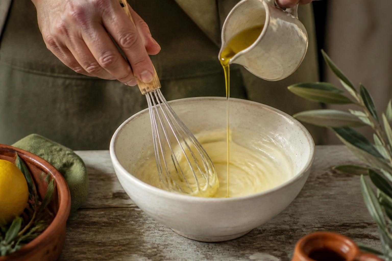 Mayonnaise sans moutarde maison montée au fouet dans un bol