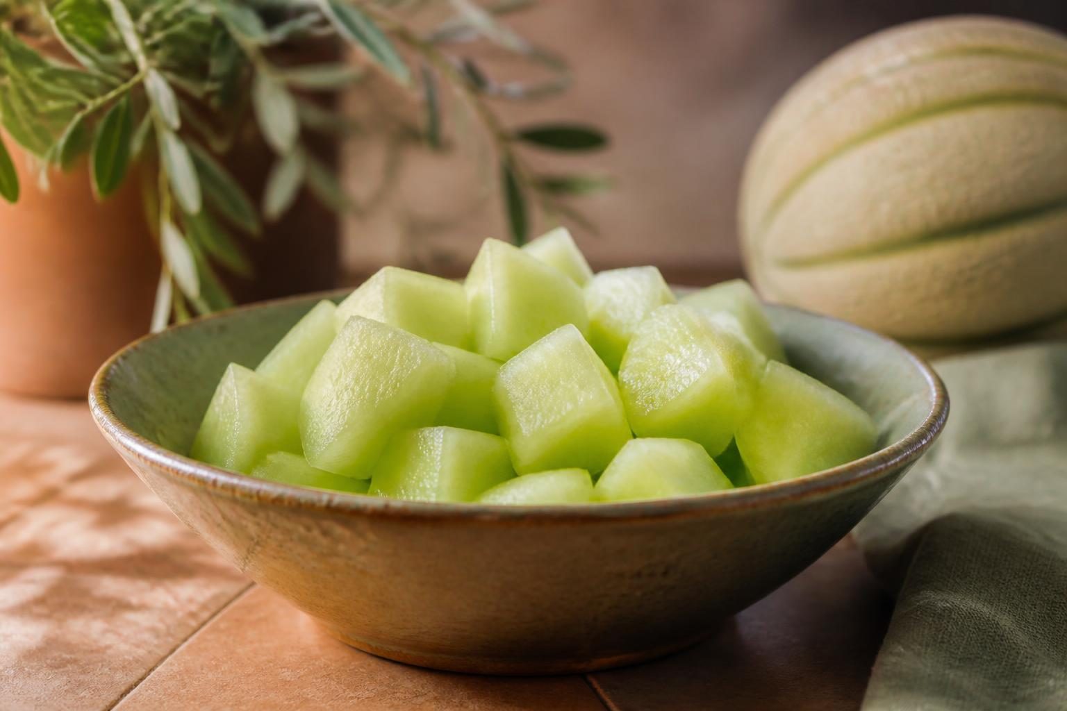 Melon galia tranché servi en dés dans un bol
