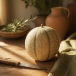 Melon galia entier posé sur une table en bois
