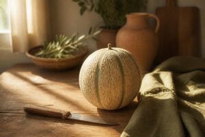 Melon galia entier posé sur une table en bois