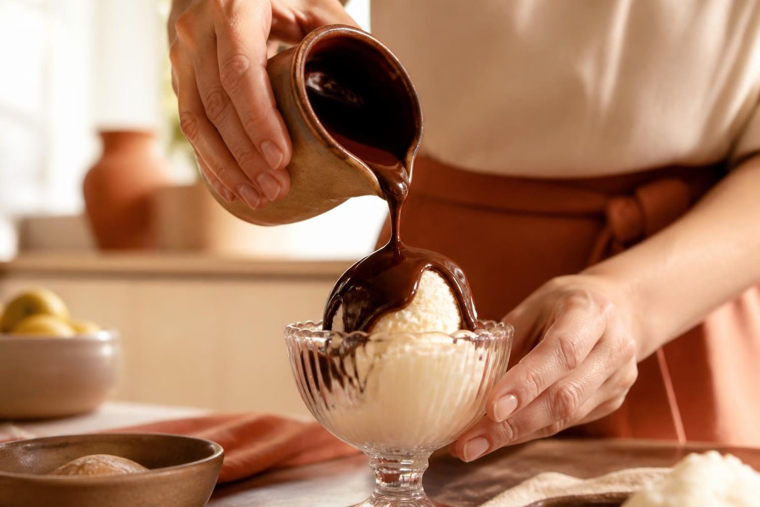 Mains versant un nappage chocolat chaud sur une boule de glace vanille dans une coupe