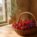 Panier en osier rempli de fruits rouges frais de saison