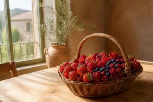 Panier en osier rempli de fruits rouges frais de saison