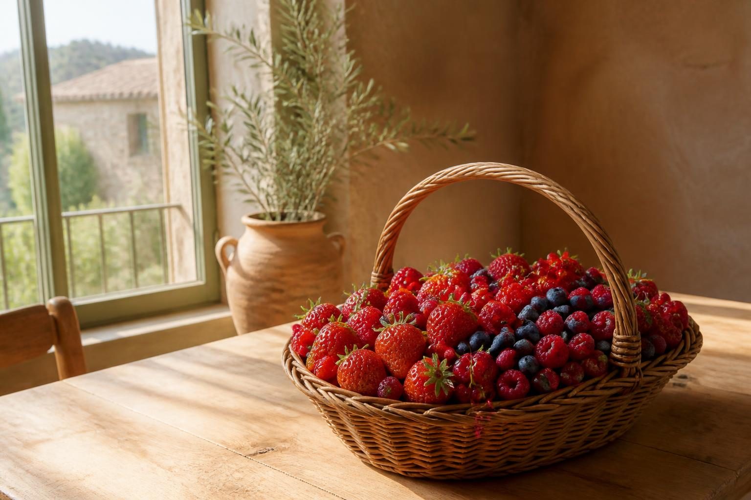 Panier en osier rempli de fruits rouges frais de saison