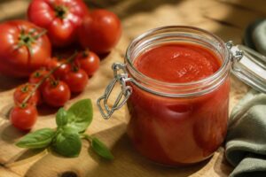 Bocal de passata maison, puree de tomates italienne entouree de tomates fraiches