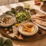 Plateau de mezze libanais avec houmous, baba ghannouj, taboulé et pain pita