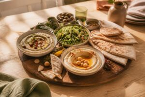 Plateau de mezze libanais avec houmous, baba ghannouj, taboulé et pain pita