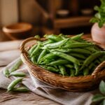 Pois mange tout frais dans un panier en osier