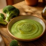 Purée de brocolis onctueuse nappée d'un filet d'huile d'olive dans un bol