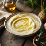 Purée de céleri rave onctueuse nappée d'un filet d'huile d'olive