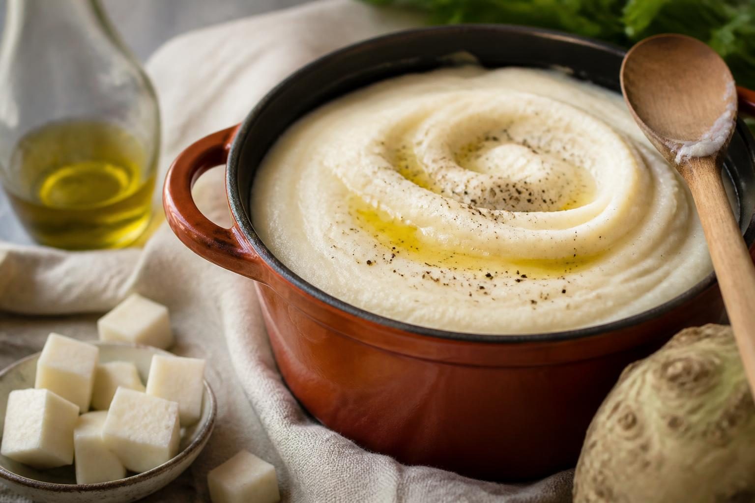 Purée de céleri rave onctueuse dans une cocotte en fonte
