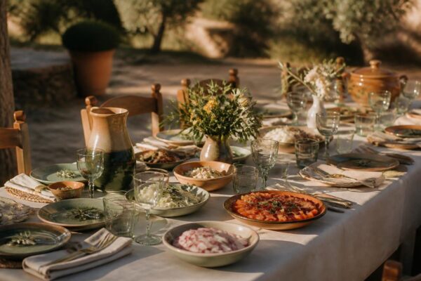 Table dressée avec une entrée fraîche avant un aïoli provençal