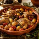 Cuisses de poulet rôties aux herbes de Provence avec pommes de terre et tomates confites