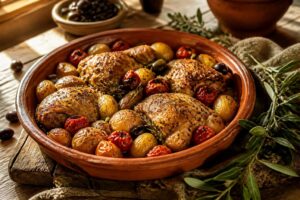 Cuisses de poulet rôties aux herbes de Provence avec pommes de terre et tomates confites