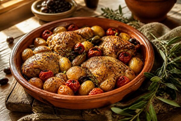 Cuisses de poulet rôties aux herbes de Provence avec pommes de terre et tomates confites