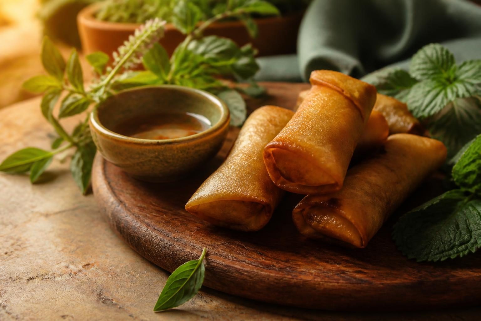 Rouleaux impériaux dorés sortant de la friture avec sauce d'accompagnement