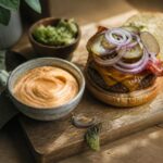 Sauce burger maison crémeuse dans un bol à côté d'un burger fait maison