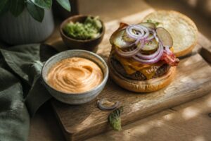 Sauce burger maison crémeuse dans un bol à côté d'un burger fait maison