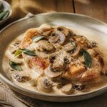 Sauce normande nappant un blanc de poulet sur une table rustique
