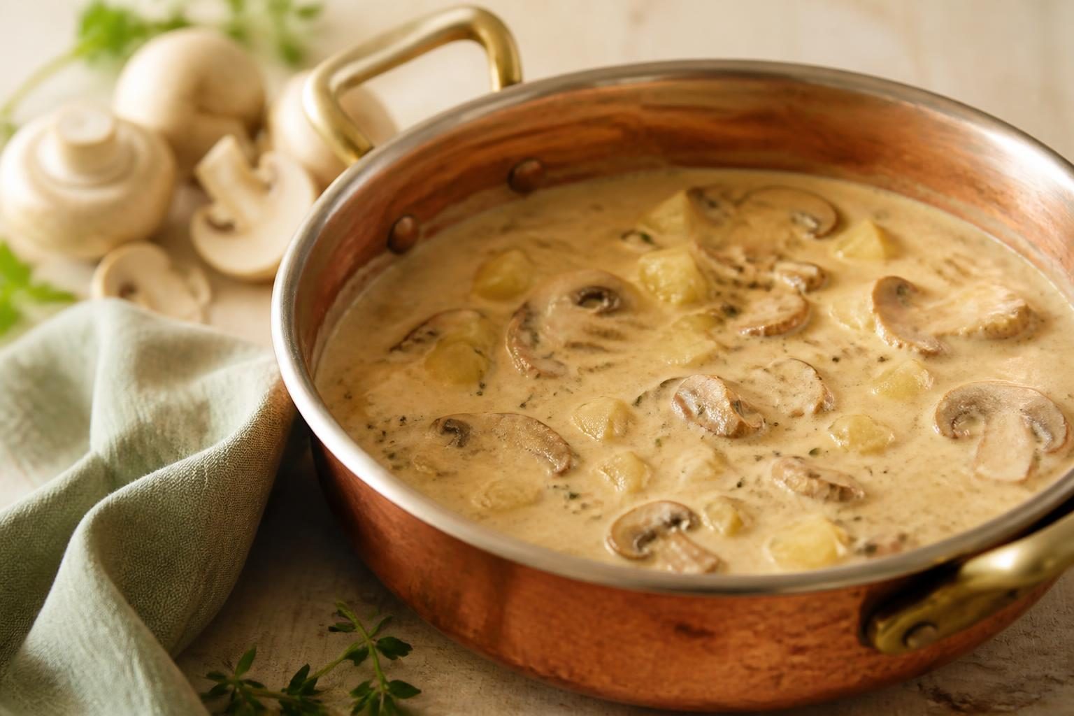 Sauce normande au cidre et aux champignons dans une sauteuse