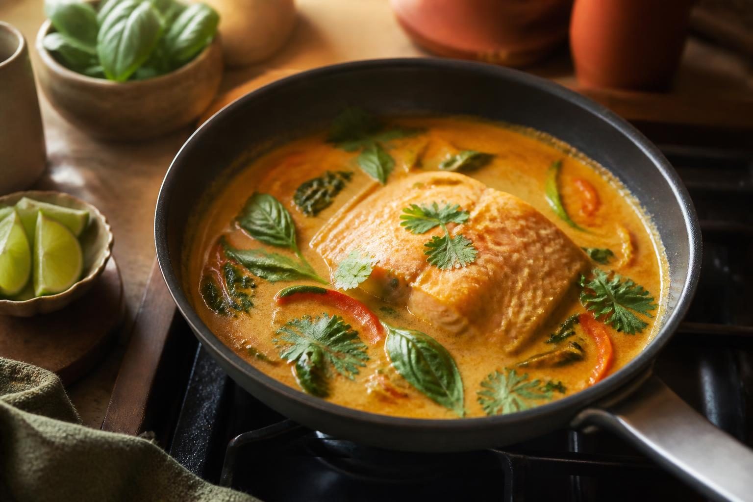 Sauce au curry et lait de coco mijotant dans une poêle avec un filet de saumon