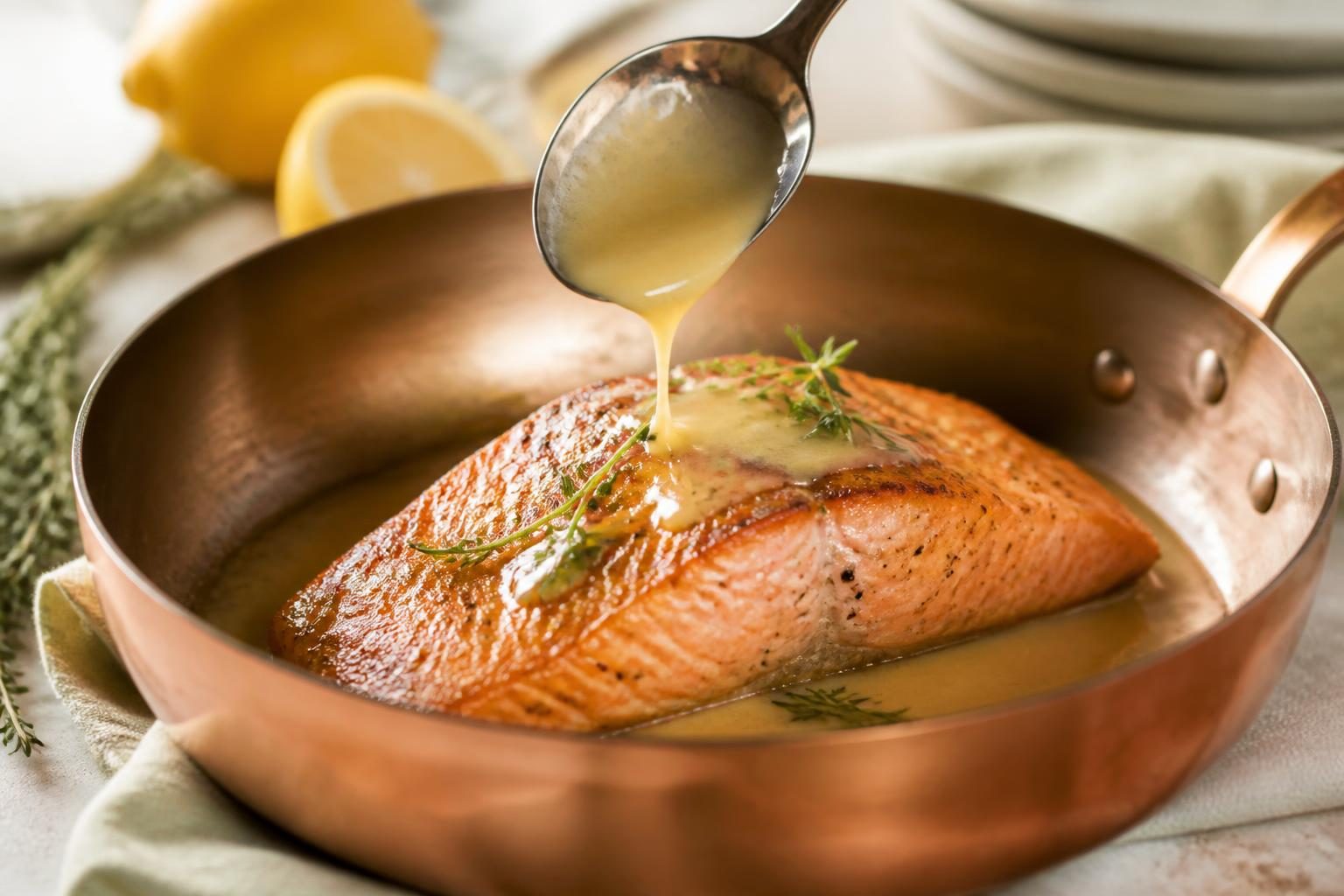 Sauce citron et beurre monté versée sur un filet de saumon poêlé