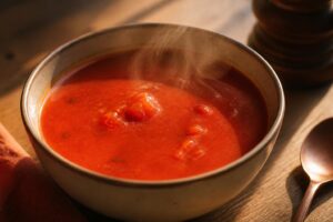 bol de soupe tomate grand-mère fumante posé sur une table en bois