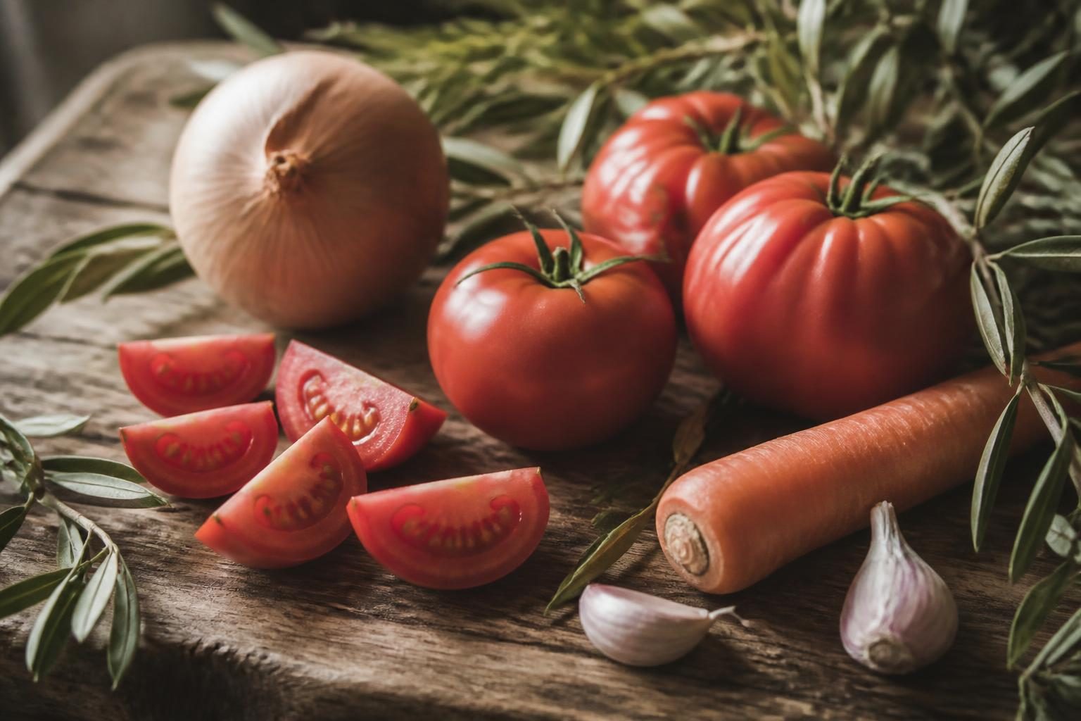tomates mûres oignon carotte et ail sur planche en bois pour soupe