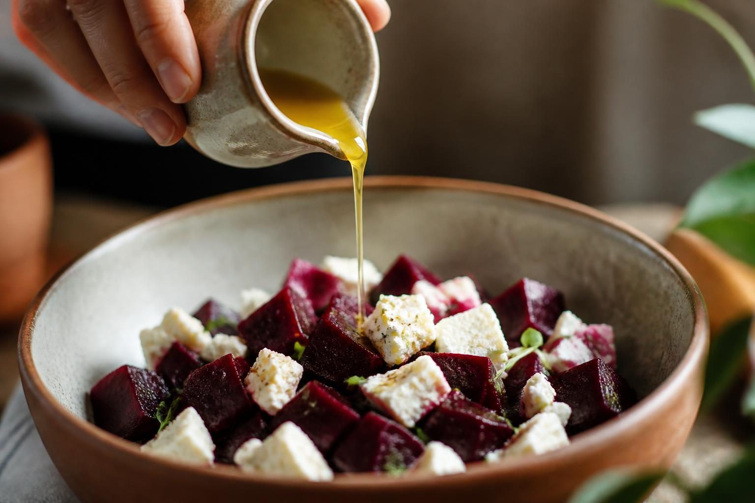 Main versant une vinaigrette à l'huile d'olive sur des cubes de betterave rouge et de la feta