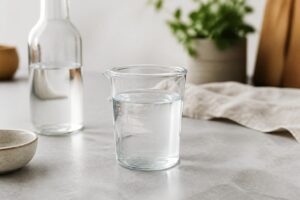 Verre doseur en verre mesurant un liquide en cuisine
