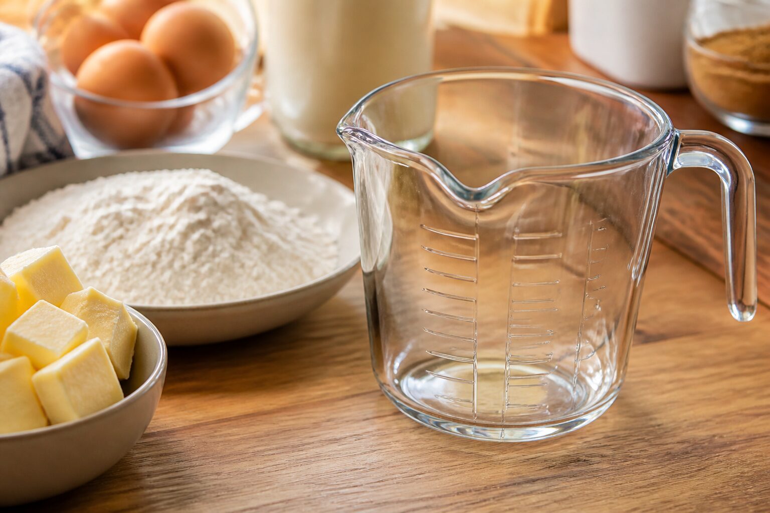 Verre doseur gradué posé à côté d'ingrédients de cuisine
