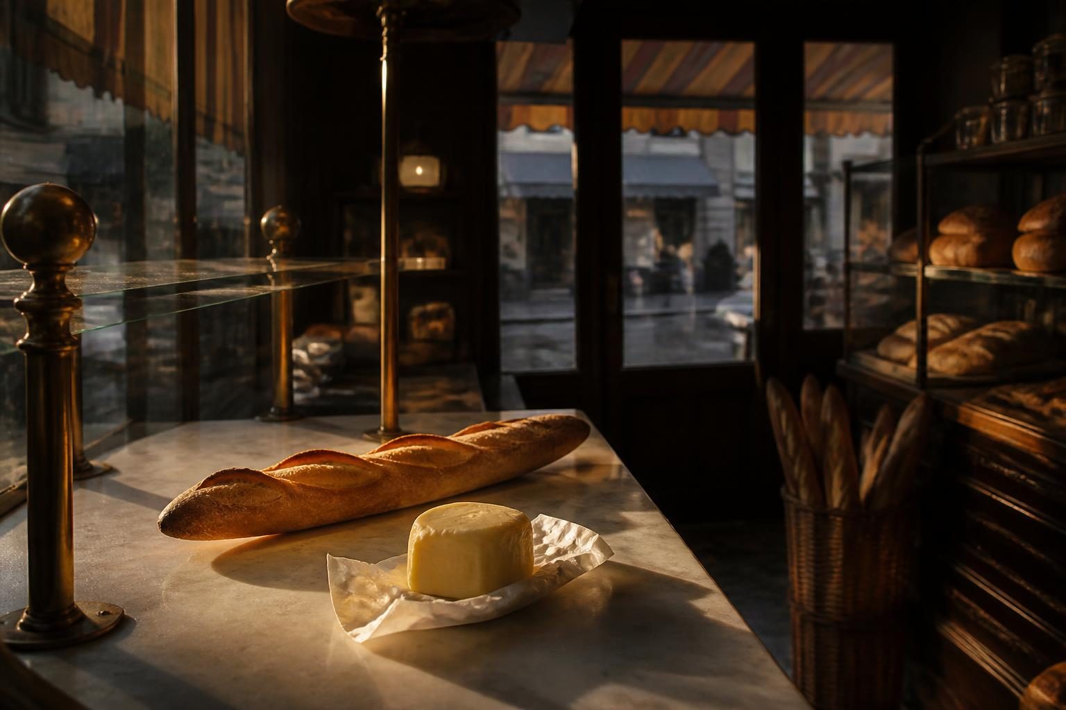 Comptoir de boulangerie parisien avec baguette tradition et beurre