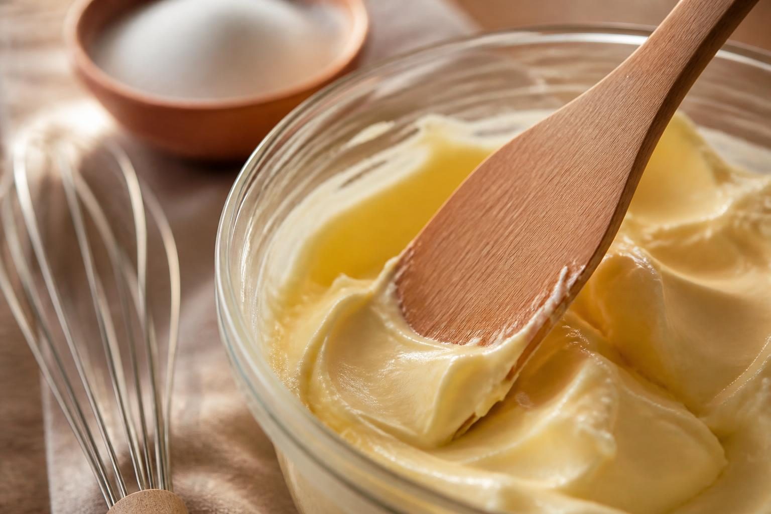 Beurre pommade lissé à la spatule en bois, prêt pour une crème au beurre