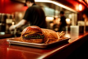 Burger king halal : plateau de burger et frites servi au comptoir