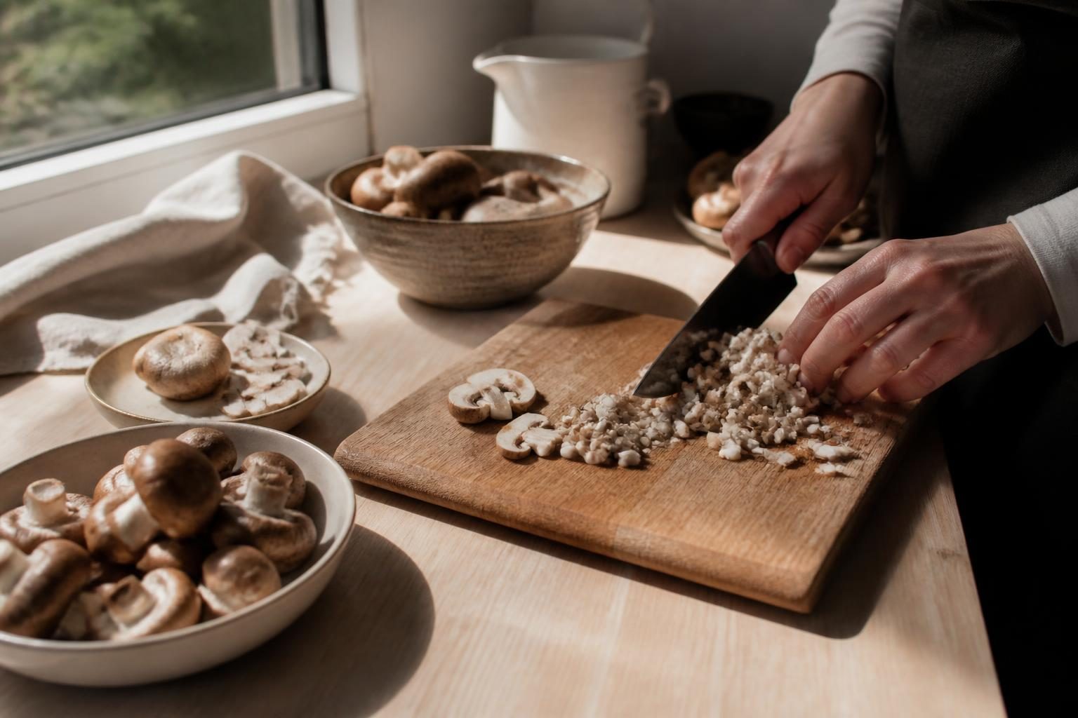 Mains hachant finement des champignons de Paris sur une planche en bois