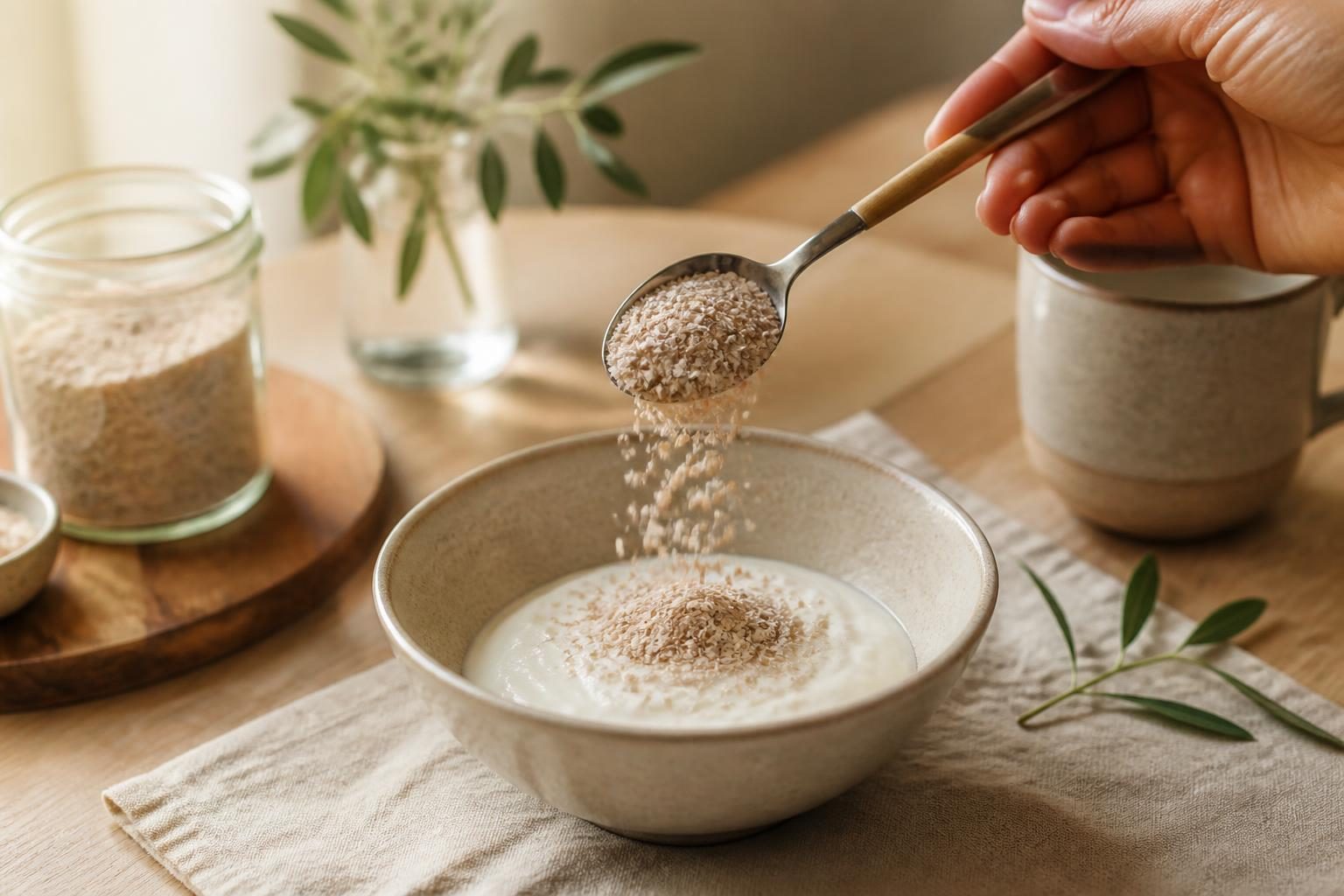Cuillère à soupe de son d'avoine versée dans un fromage blanc au petit-déjeuner