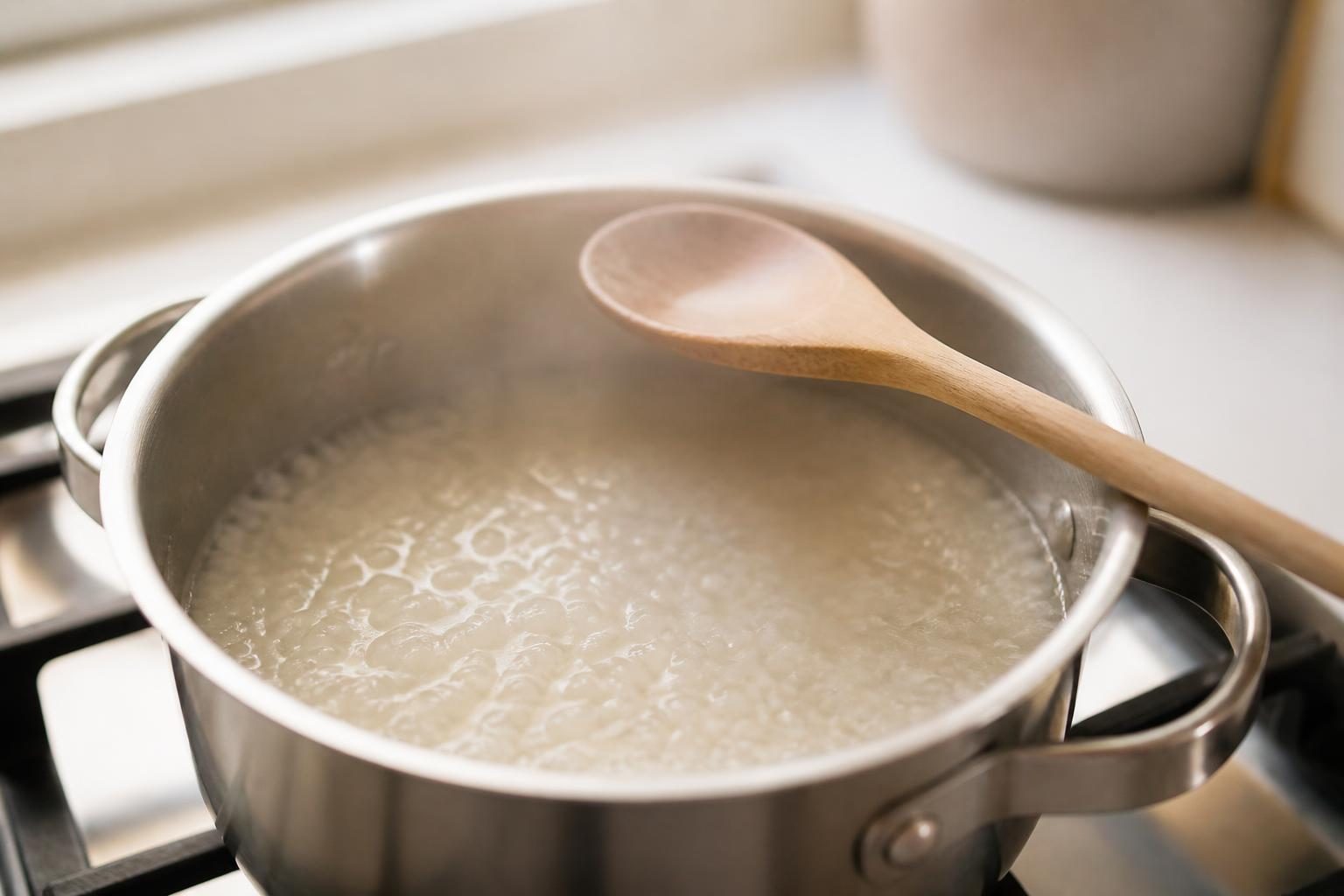 Perles du Japon en cuisson dans une casserole avec du lait de coco