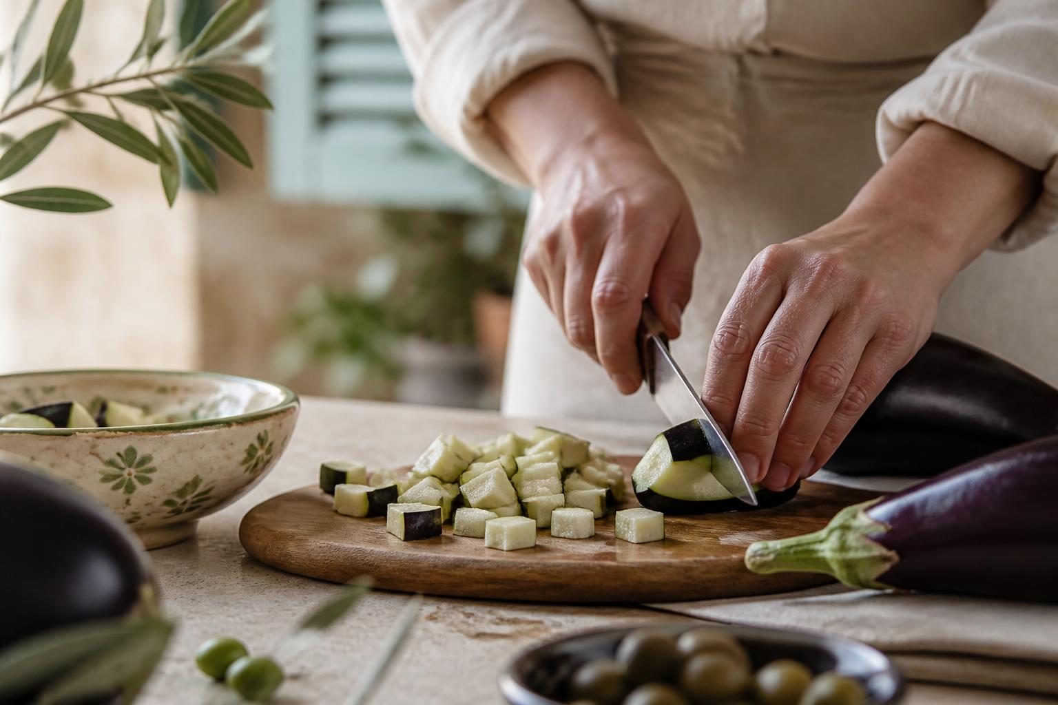 Dés d'aubergines pour caponata pour caponata sicilienne