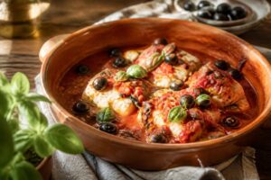 Filet de cabillaud à la provençale dans un plat en terre cuite