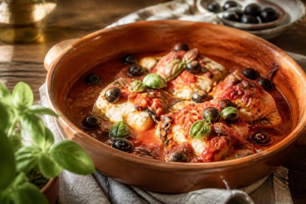 Filet de cabillaud à la provençale dans un plat en terre cuite