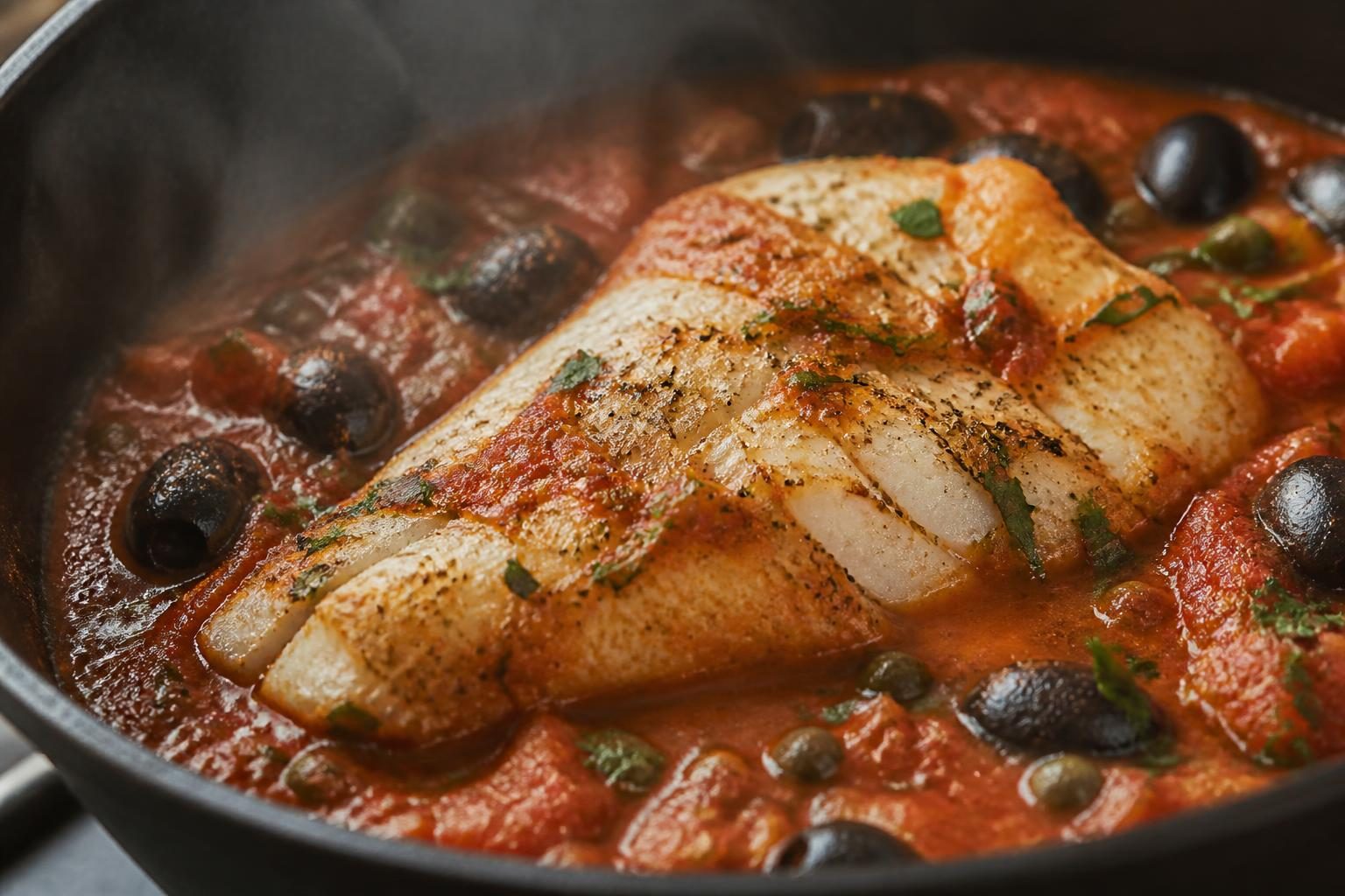 Filet de cabillaud au four nappé de sauce tomate et olives noires