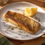 Filet de loup dore aux herbes de Provence sur assiette blanche
