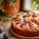 Gâteau aux prunes moelleux entier avec quetsches fraîches sur une table en bois