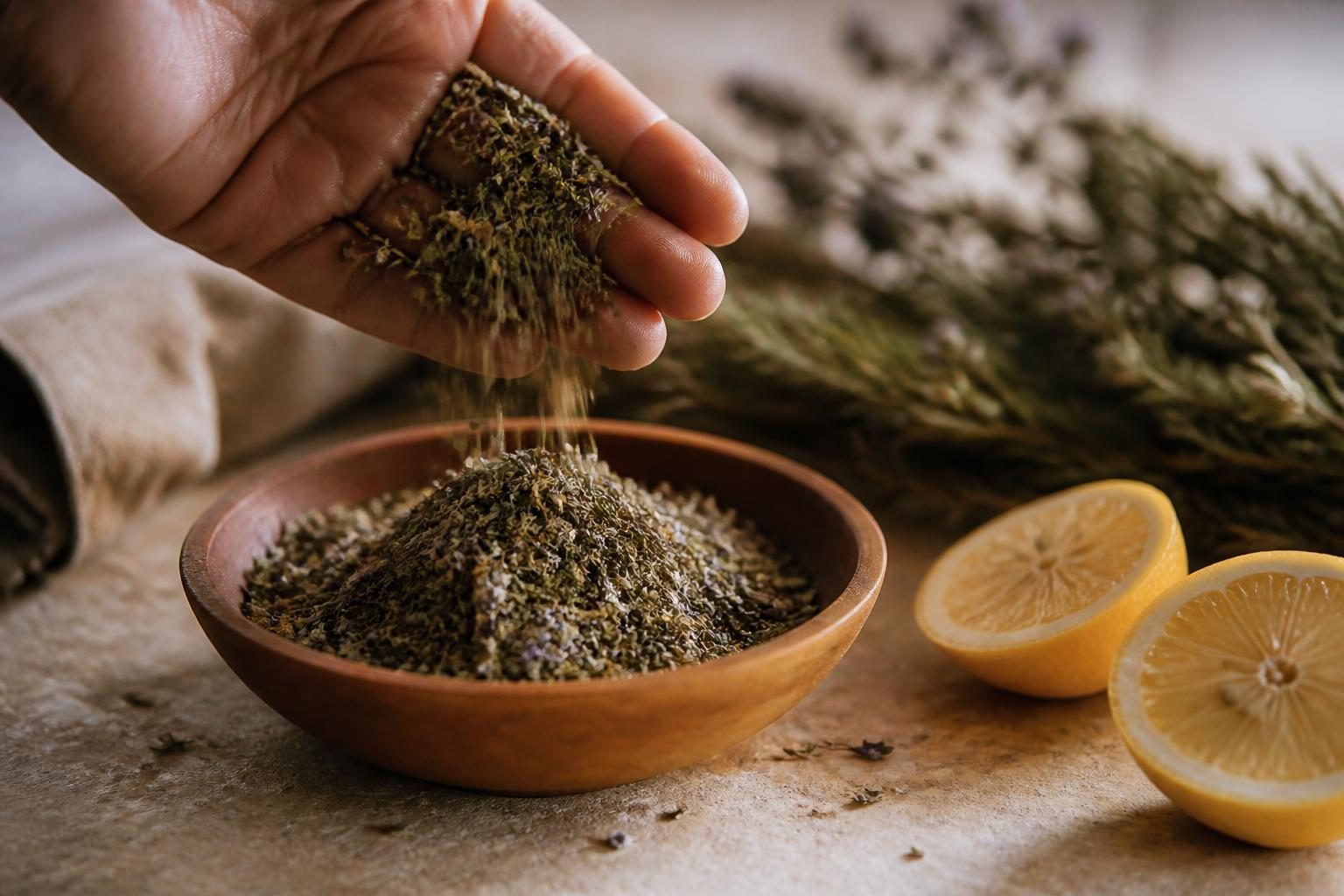 Herbes de Provence versées dans un bol en terre cuite