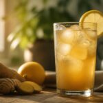 Verre de jus de gingembre glacé au citron sur une table en bois