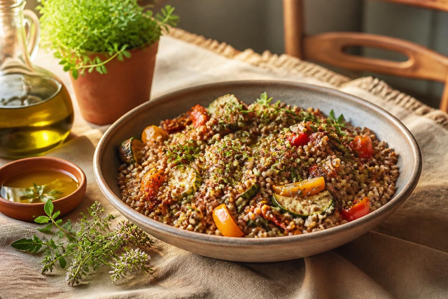 Bol de kasha aux légumes méditerranéens et huile d'olive