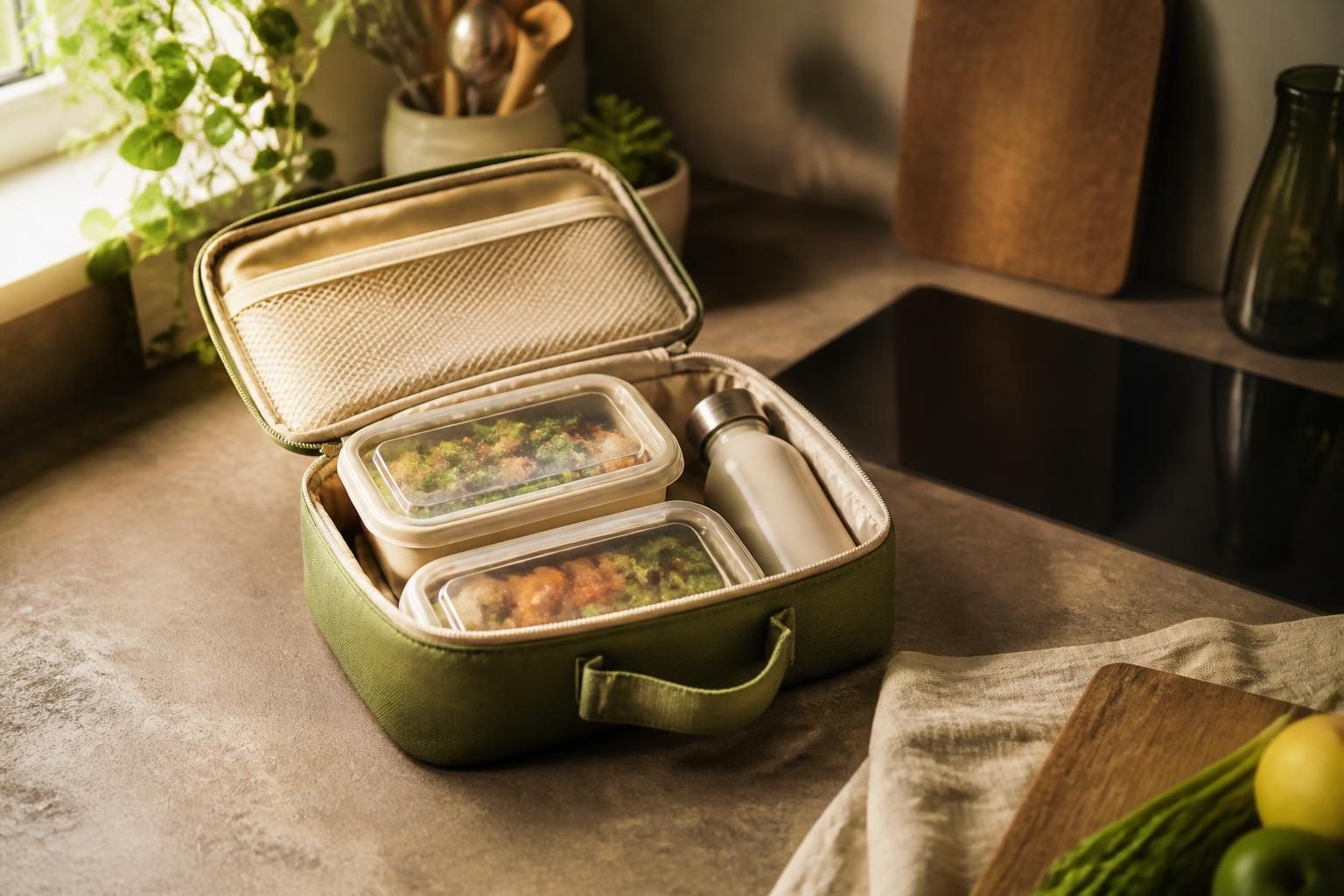 Lunch box isotherme ouverte avec des boîtes de repas à l'intérieur