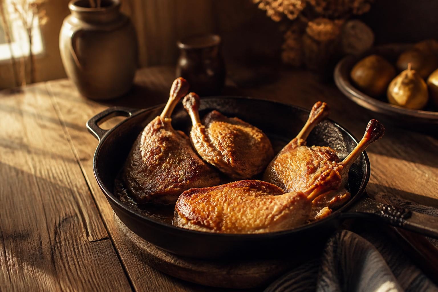 Manchons de canard confits dorés et croustillants sortant de la poêle
